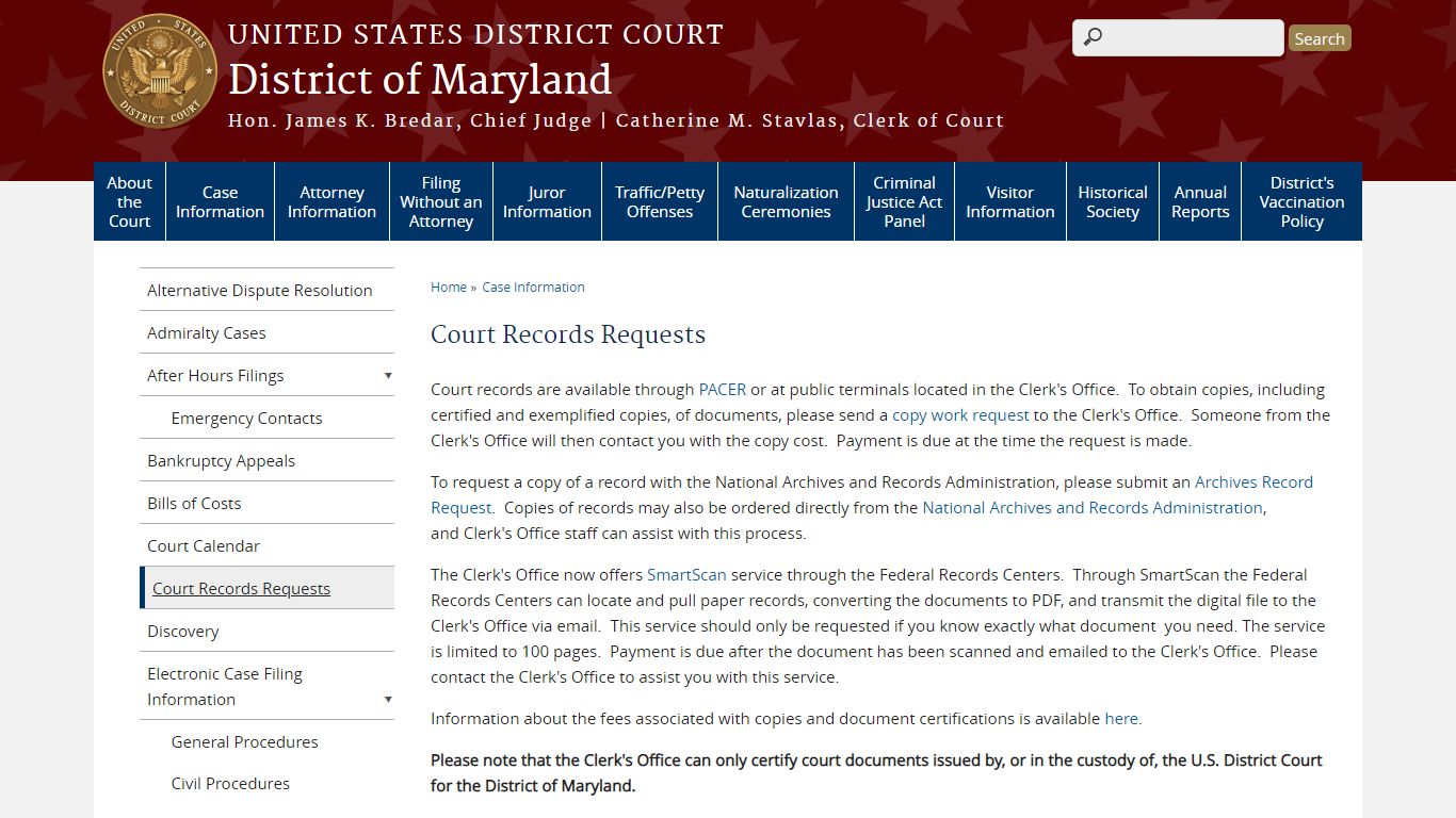 Court Records Requests | District of Maryland - United States Courts