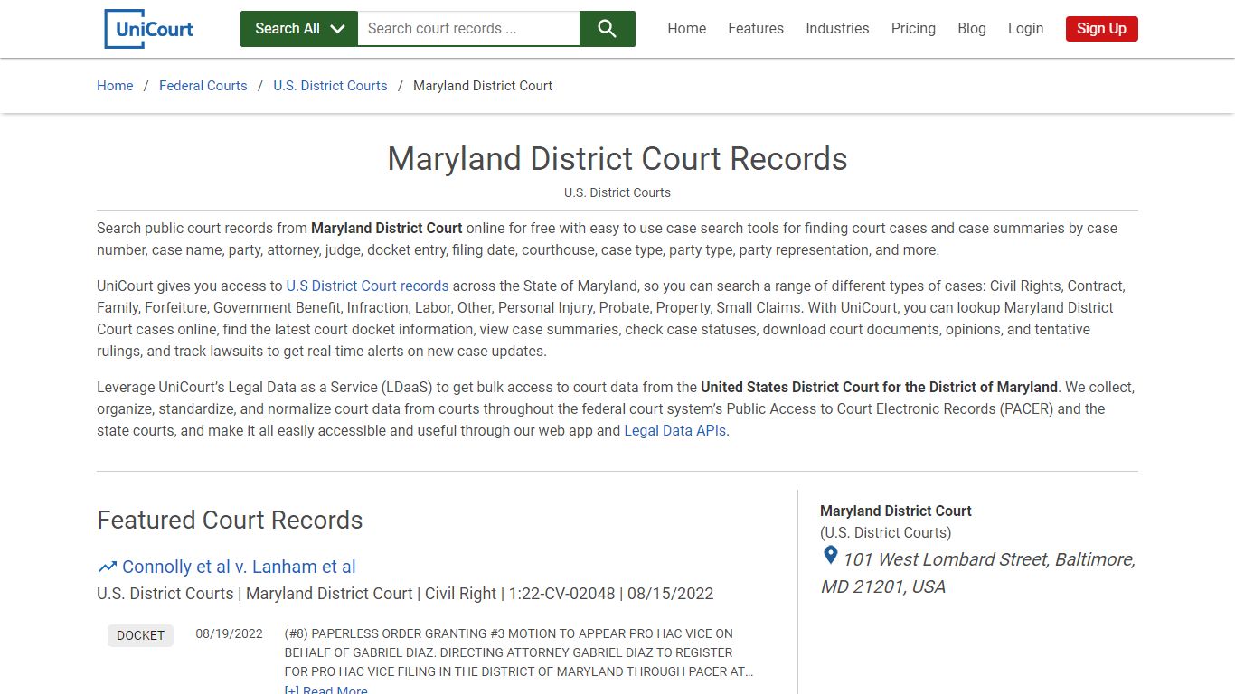 Maryland District Court Records | PACER Case Search | UniCourt